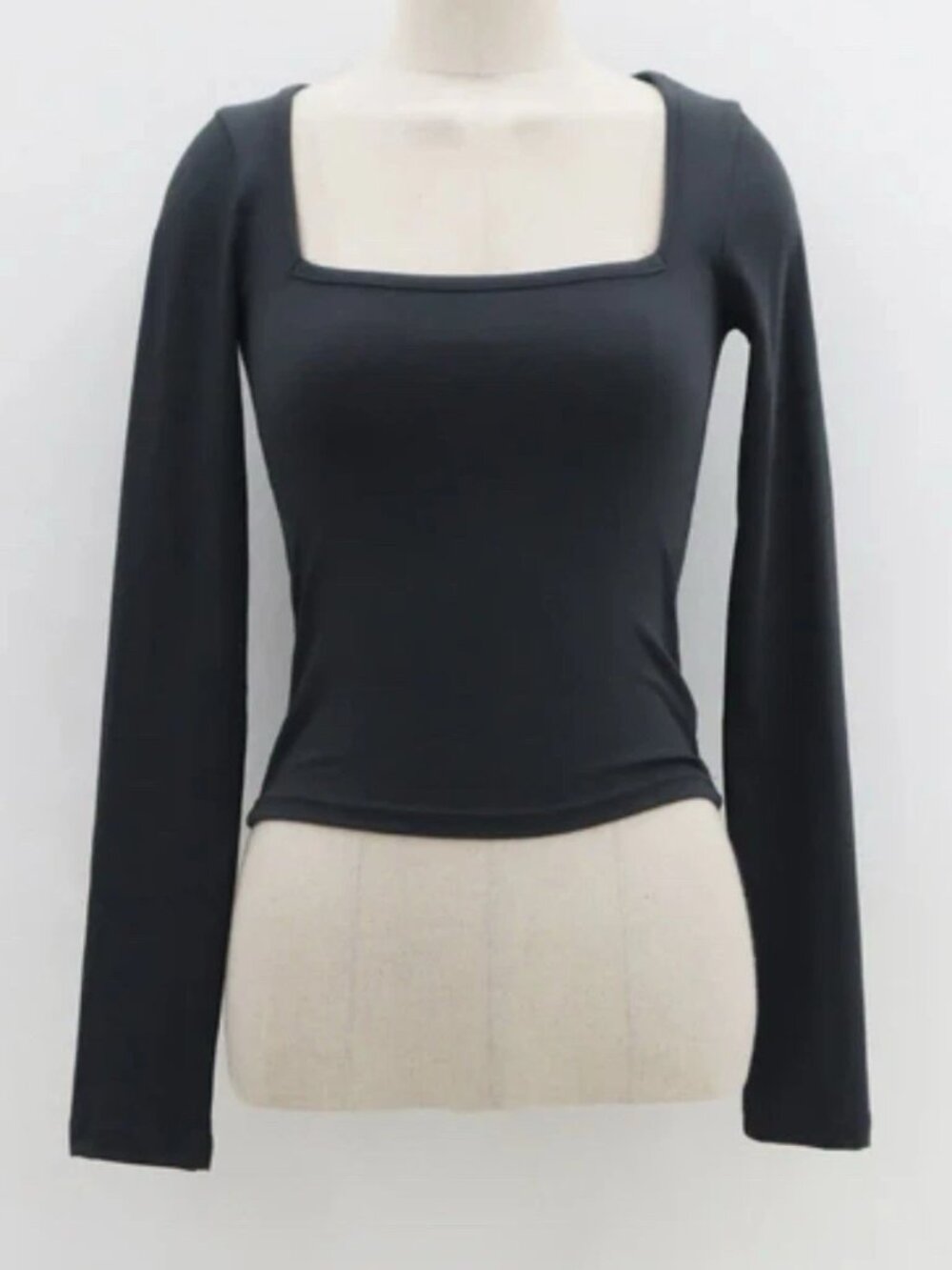 Lewkin Square Neck Stretchy Fitted Long Sleeve Crop Black Women's Top Small